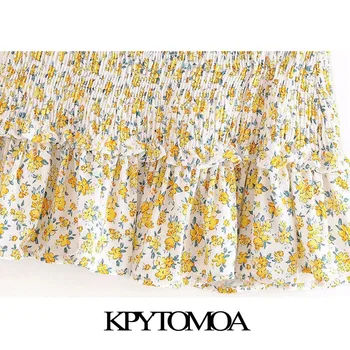 KPYTOMOA Kvinder 2020 Sød Mode Blomster Print Pjusket Mini Nederdel Vintage Høj Elastisk Talje Smocked Kvindelige Nederdele Mujer
