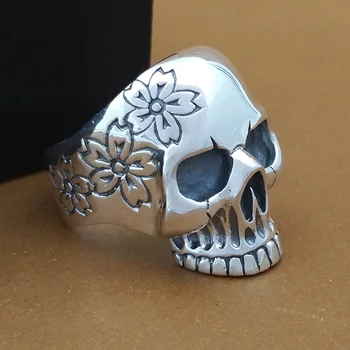 925 Sølv Blomst Skull Ring Ægte Sterling Sølv Skeleton Ring PUNK Smykker Mand Ring
