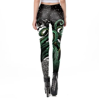 [Du er Min Hemmelig] Sort Stjerneklar Grønne Blæksprutte Trykt Gotisk Stil Leggings til Kvinder Fantastisk Elastisk Talje Ankel Bukser