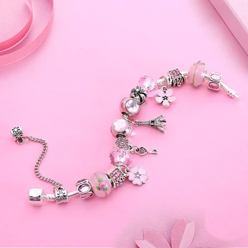 Romantisk Pink Crown Heart Nøgle Blomster Charm Armbånd i Tibetansk Sølv Eiffeltårnet Perle Armbånd DIY Smykker til Kvinder Pulseira