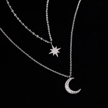 Enkel 925 Sterling Sølv stjerne månen dobbelt Halskæde flash Crystal niche Kravebenet Kæde Sølv Halskæde Mode Smykker