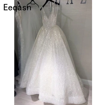 Glimmer Bling 2020 Dubai Bryllup Kjoler Sexet Tilbage Åbne Lange A-linje V-hals Brudekjole Brude Kjoler Plus Size