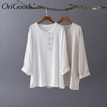 OriGoods Kvinder Linned Bluse Kinesisk stil langærmet Bluse Shirt Qigong og Tai Chi Tøj Løs Solid Hvid Bluse Toppe C259