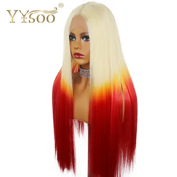 YYsoo Blonde Orange Rød Ombre Syntetiske Blonder Foran Parykker 3 Tone 613 Lange Lige 13x4 Glueless Front Lace Wig Midterste Del Parykker