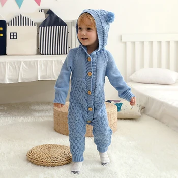 Baby Rompers Lange Ærmer Efteråret Hætteklædte Toddler Børn Drenge Piger Jumpsuits Pyjamas Tøj Mode Solid Strikket Børn Tøj