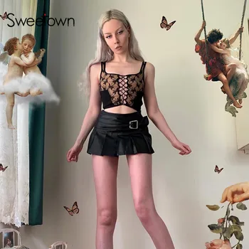 Sweetown Goth Y2K Æstetisk Sort Butterfly Tank top Kvinder Patchwork Mesh snøre Fest Tøj Skåret Ud Sexet Bralette Crop Tops
