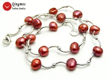 Qingmos Flydende Naturlige Perle Halskæde til Kvinder med 8-9mm Red Barok Perle Chokers Halskæde i Sølv og Forgyldt Albue Smykker