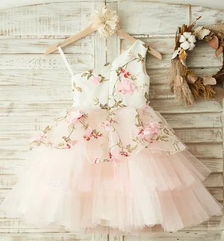 Pink Blomst Pige Kjoler Til Bryllup Part Knæ Lengh 3D Blomster Broderi festspil kjoler til piger vestido flores ZF096