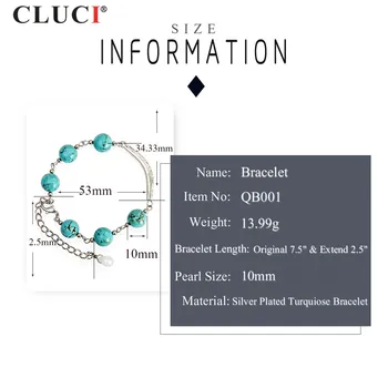 CLUCI Klassiske forsølvede 10mm størrelse Turkis Armbånd kan justeres Charme Shell pearl armbånd & Armbånd QB001SB
