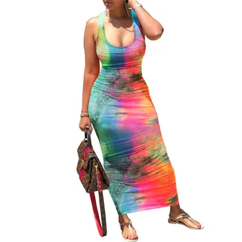 Sommeren Kvinder Kjole Tie-dye Jakke Print Casual Kjole U-formet Hals lange Maxi Kjole Holiday Beach Sundress plus size Kjole hot