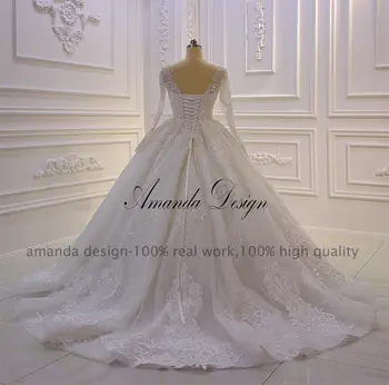 Amanda Design nikah elbisesi Fuld Ærmer Lace Applicerede Krystal Bryllup Kjole