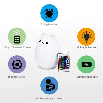 Silikone Kat LED Nat Lys Fjernbetjening Touch Sensor Tryk Farverige USB-Genopladelige Soveværelse sengelampe til Børn, Baby