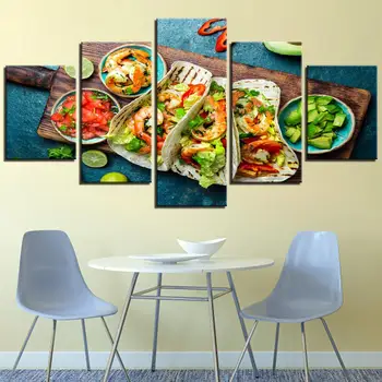 Home Decor Maleri Væg Kunst Ramme Restaurant Køkken Plakater, Billeder 5 Stykker Mexicansk Mad Rejer Taco Frugt HD Trykt Lærred