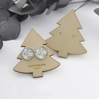 Laserskåret Træ-juletræ Øreringe Kort Stud Øreringe Viser Dit Logo Holder Stand Smykker Emballage Tags WTG033
