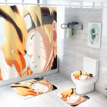 Badeforhæng 4 STK/Sæt Anime Naruto Søde Hale Udyret Polyester Gardin med Kroge Badeværelse Måtte Sætte Foden Mat Toilet sædebetræk
