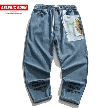 Aelfric Eden 2020 Hip Hop Solsikke -, Patchwork-Print Denim Jeans Streetwear Harajuku Bukser Mand Oversize Løs Joggere Mænd Bukser