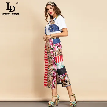 LD LINDA DELLA Nye 2021 Sommer Mode Designer Midi Skirt Set Kvinder blomsterprint Patchwork Vintage To Stykker Nederdele Sæt