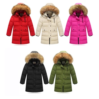 2019 Fashion børn duck ned jakke naturlige pels krave lange tykke vinterjakke piger barn pels outwear varm i kolde vinter