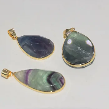 Naturlige fluorit kvarts sten vedhæng smykker at gøre kvinder 2020 guld bezel store rainbow water drop grøn perle for perle sten skære ansigt