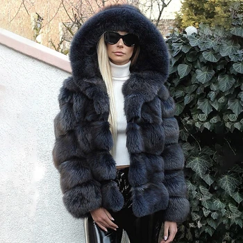 2020 Luksus Naturlige Ægte Blue Fox Pels Hætteklædte For Kvinder Vinteren Tyk Ægte Ræv Pels Jakke Kvindelige Pels Varm Mode