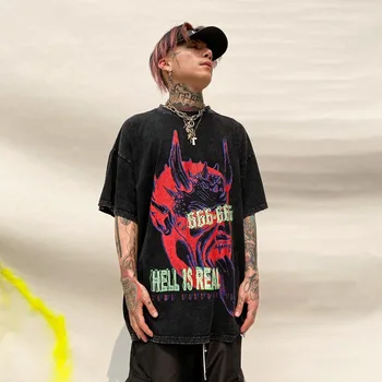 Hip-Hop Trykt kortærmet T-shirt Mænd er Sommer Tide Brand Graffiti Vasket Bomuld Løs Blød Behagelig T-Shirt Mænd Tøj