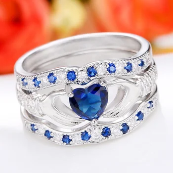 925 Sterling Smykker Irske Claddagh Hjerte Safir blå Ring, Bryllup Brude Band Ring Sæt af 3