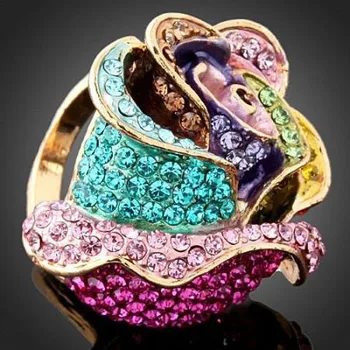Chran Mode Rose Design Crystal forlovelsesringe for Kvinder Elegant Kostume Smykker, Emalje Ring Damer Gaver