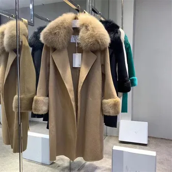 Efterår og vinter luksus fast ræv pels krave mink pels manchetter Kvinder er håndlavet alpaca cashmere frakke med bælte