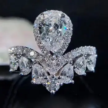 BLACK ANGEL 925 Silver Princess Crown Vand Dråbe Formet Luksus Citrin Ædelsten Justerbare Ringe Til Kvinder Smykker Bryllup Gave