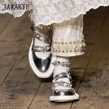 Britiske bane pumper vintage runde tå platform mary janes pearl studed kvinder skinnende sort hvid sølv læder sko