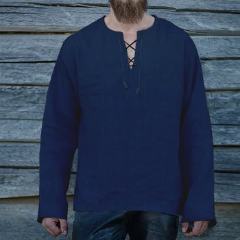 Mænd Viking Pirat Fuld Ærmet T-shirt Middelalderlige Cosplay Kostumer Bandage V-hals Linned Åndbar Ranger Ridder Retro Tøj