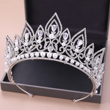 Luksus Zircon Perle Brude Tiara Krone Diadem Rhinestone Festspil Crown Bryllup Hår Tilbehør Til Bruden Hårsmykker Crystal Tiaras