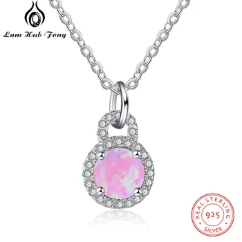 Romantisk 925 Sterling Sølv Round Halskæde Pink Opal Sten Halskæde til Kvinder Klare CZ Fine Halskæde Smykker (Lam Hub Fong)