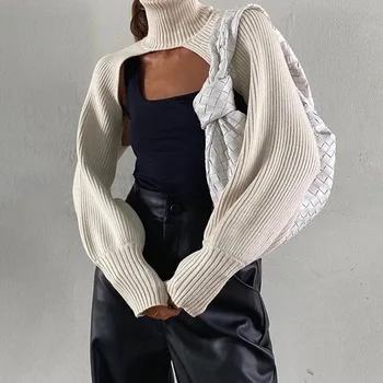 2020 Mode Afslappet Rullekrave Afgrøde Top Sweater Kvinder Smocked Solid Vintage Strikkede Trøjer Damer Langærmet Pullover