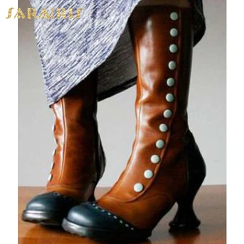 Sarairis 2020 Mode Efteråret Britisk Stil Støvler-Knappen Dekoration Farve Matchende Særlige Hæl Lynlås Ridder Støvler Kvinde Sko