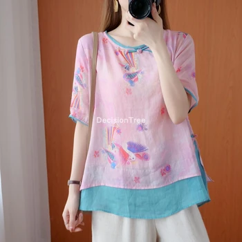 2021 damer linned qipao bluser traditionel kinesisk blomster print qipao stil shirt til kvinder qipao top etniske cheongsam bluse