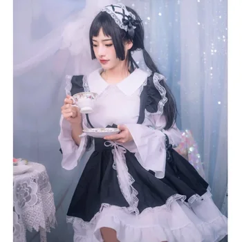 Sort og Hvid Lolita Kjole Gotiske Stuepige Outfit Forklæde Kjole Anime Cosplay Kostume Kvinder Lange Kjoler Halloween Kostumer