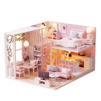DIY Dukke Hus Kit Træ-dukkehuse Miniature Dukkehus Møbler Kit med LED-hjem bryllup Fødselsdag Julegave