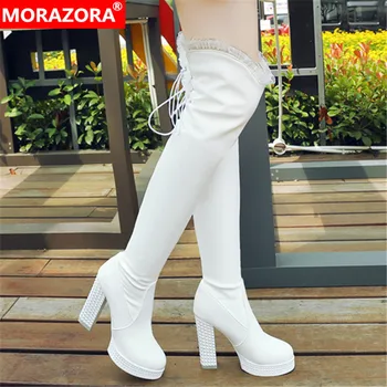 MORAZORA 2020 varmt salg over knæet støvler rund tå efteråret høje hæle platform støvler med lace-up party låret høje støvler kvinder sko