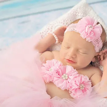 Pink Baby Tutu med Blomst Bh Top og Blonder Hovedbøjle Nyfødte Pige Foto Rekvisitter, Kostume Baby Tyl Tutus Baby Gave TS070