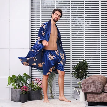 Mænd Rob Kimono Sæt Nattøj Robe Elastiske Bælter To-stykke, der Passer til Kinesiske Drager Silke Herre Pyjamas Kjortel med Shorts Mænd Nightgowns