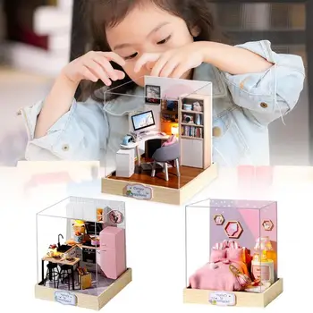 Tegnefilm DIY Miniature Dukkehus Møbler af Træ, Kit Doll House Model Kids Pige Montessori DIY Legetøj til Børn Julegaver