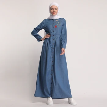 Muslimske Broderi Abaya Denim Jeans Cardigan Maxi Kjole Kimono Lange Klæder Vestidos Mellemøsten Ramadan Tyrkisk Islamisk Bøn