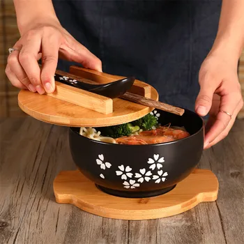Japansk Stil Ris Noodle Skål med Låg, Ske og Spisepinde, Køkken Keramisk Bordservice Salat Suppe Skål Mad Beholder Servis