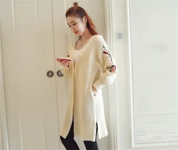 Womens Frakke Cardigan Solid Farve Broderet Med Lange Ærmer Mode Sweater Frakke Streetwear Sød Stil Lang Tid Overtøj