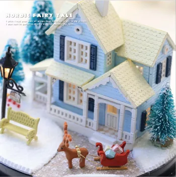 Doll house vinter hus sne træ dukke huse Nordiske Eventyr miniature hjem samle legetøj dukkehus diy glas bolden kit
