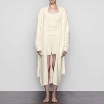 Karlofea Mode Afslappet Oversize Cardigan Pels Korte Bukser Komfort Lounge Wear Kvindelige Fall Winter 3 Stykke Strikket Sweater Sæt