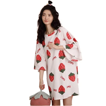 Kvinders nightdress løs sommer bomuld nat kjole koreanske kjole hjem service jordbær mønster girly camisones para dormir