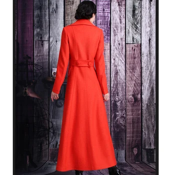 X-lange røde uldne frakke kvinder efterår og vinter fashion dobbelt breadted slank uld blandinger overfrakke plus størrelse 3XL
