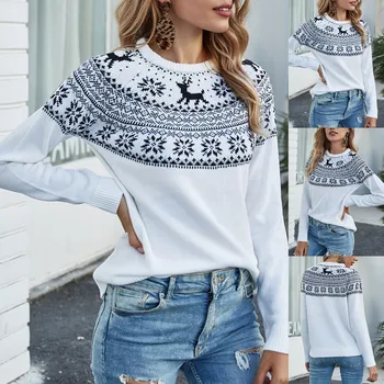 Fashion Kvinder Casual O-neck Pullover, langærmet Jul Snowflake Hjorte Print Sweater Womens Fashion Tøj Vestidos